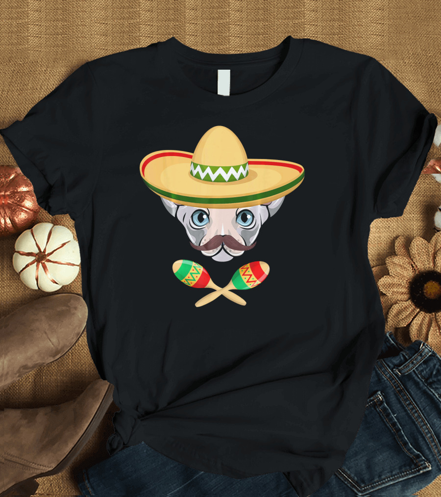 Sphynx Cat Cosplay Mexican Sombrero Maracas Cinc T-Shirt