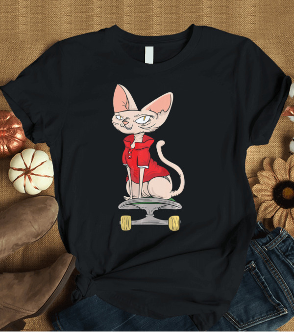T-Shirt: Sphynx Cat in Red Shirt Riding Skateboard T-Shirt Sphynx Cat in Red Shirt Riding Skateboard T-Shirt