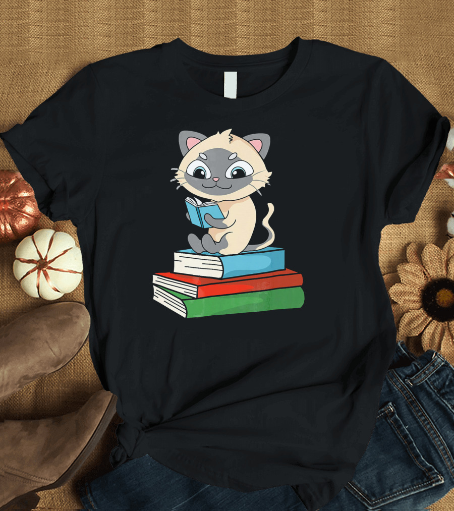 Siamese Cat Enthusiastically Reading on Books Stack T-Shirt