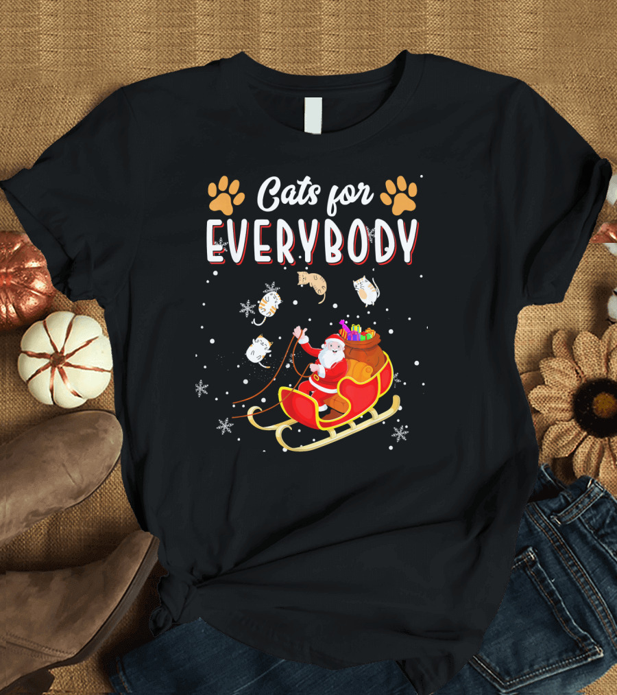 Cats for Everybody Santa Sleigh with Christmas Cute Cats Snowflakes T-Shirt