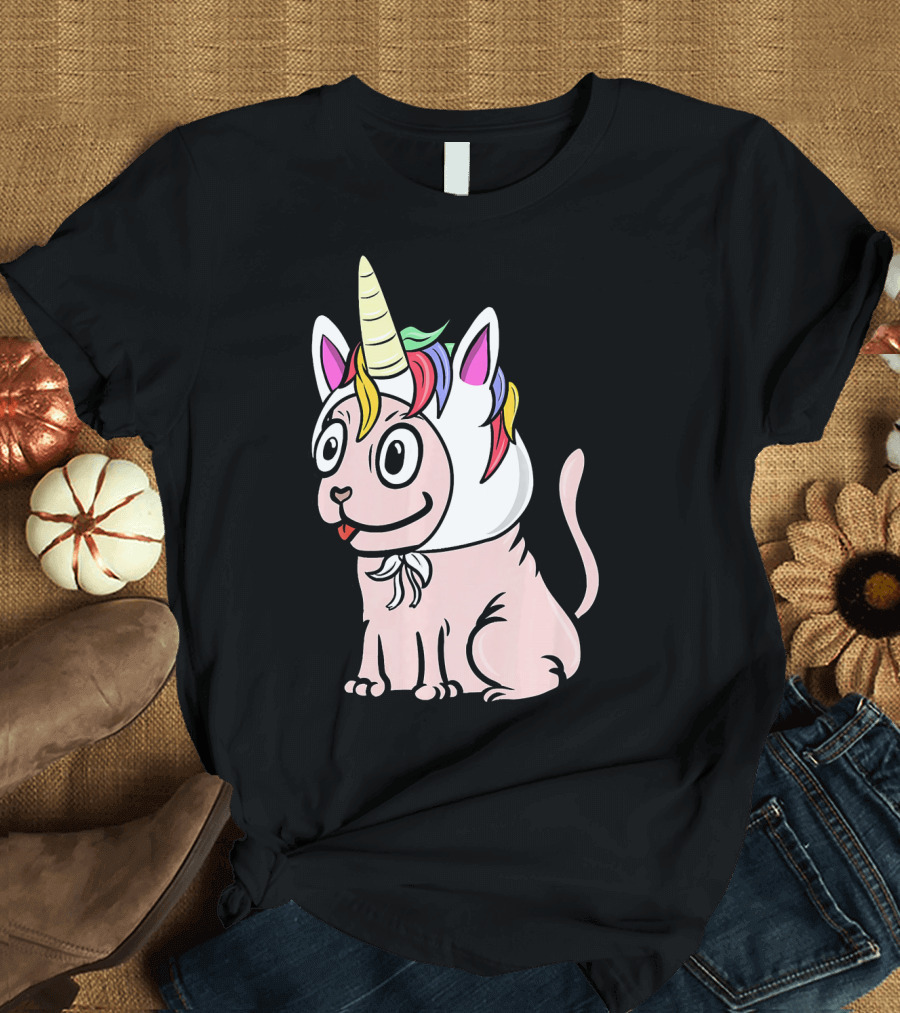 Sphynx Cat Wearing Unicorn Hat with Rainbow Mane Funny Pet T-Shirt