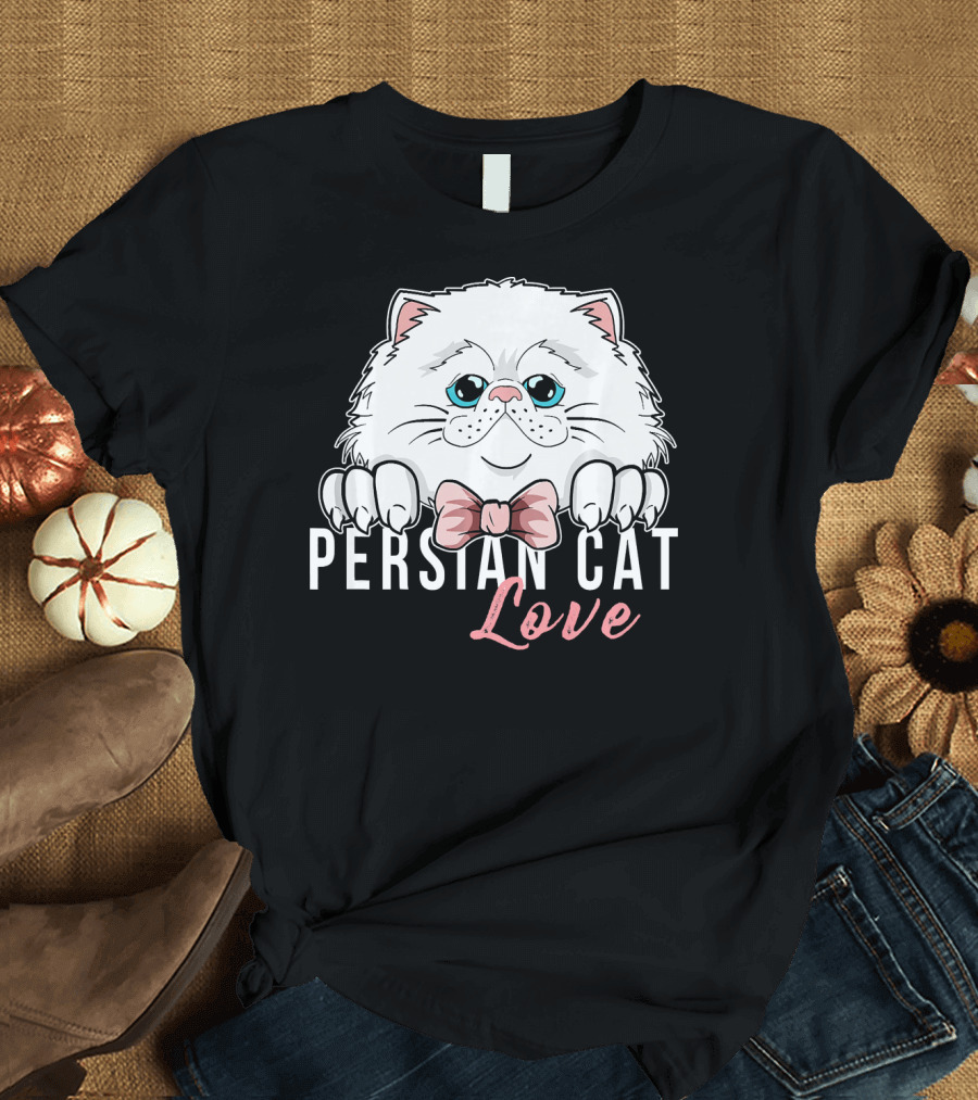 Persian Cat Love White Fluffy Kitty with Pink Bowtie T-Shirt