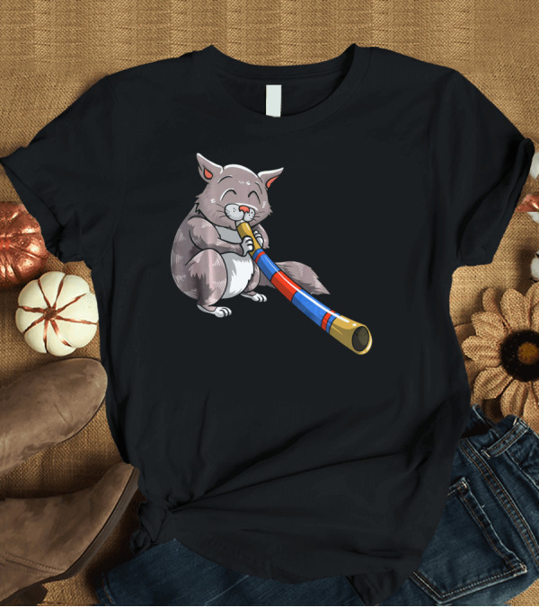 T-Shirt: Cool Cat Playing Didgeridoo Funny Kitte Whimsical Feline Musician T-Shirt Cool Cat Playing Didgeridoo Funny Kitte Whimsical Feline Musician T-Shirt