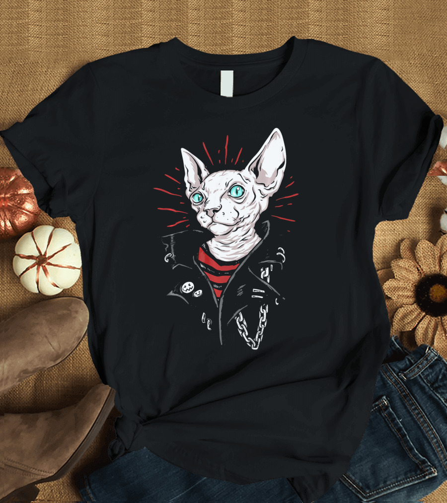 Sphynx Punk Cat with Striped Shirt and Leather Jacket Grunge T-Shirt