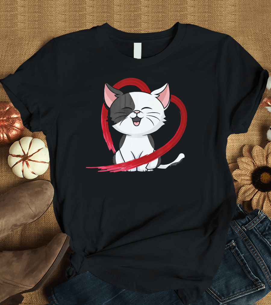 Cat Heart Valentines Day Kitten Lovers Cute Smile T-Shirt