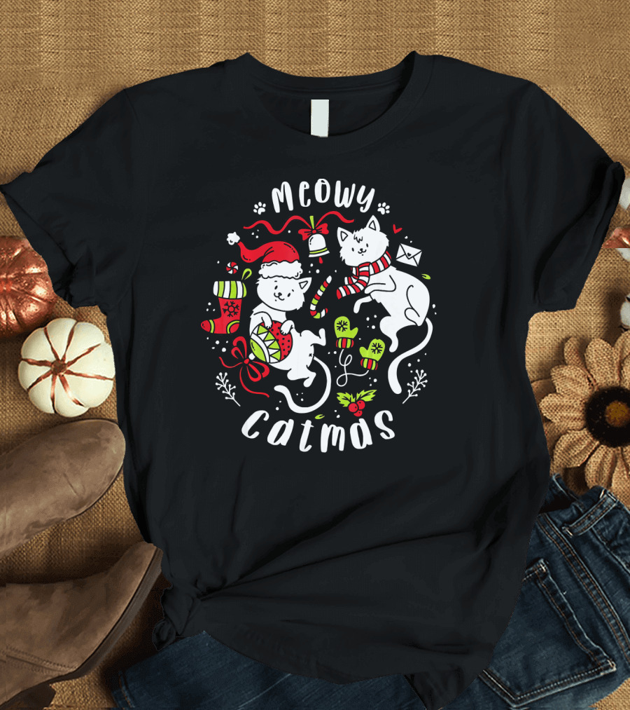 Meowy Catmas Christmas Two Cats Kitten Kitty Santa Hat Scarf Holiday Elements T-Shirt