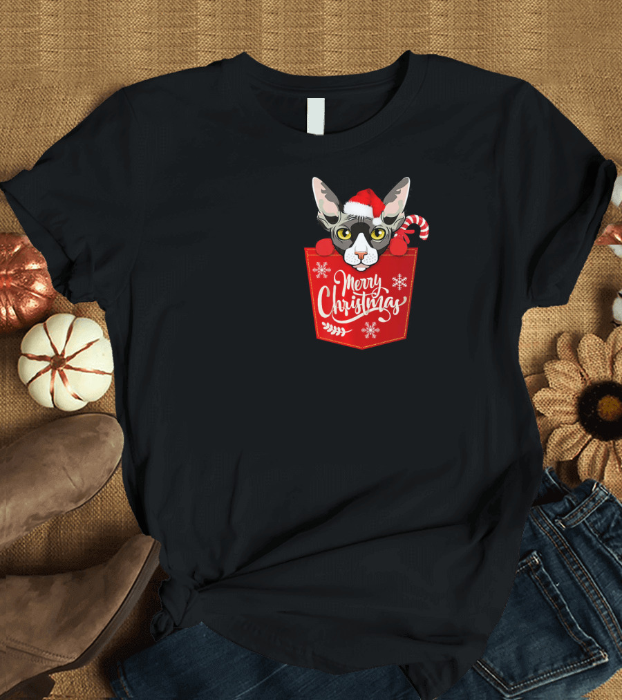 Merry Christmas Sphynx Cat with Santa Hat and Candy Cane in Red Pocket T-Shirt
