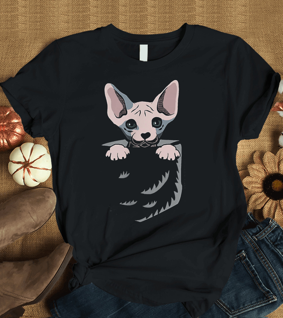 Sphynx Cat Peeking from Pocket Adorable Little Companion T-Shirt
