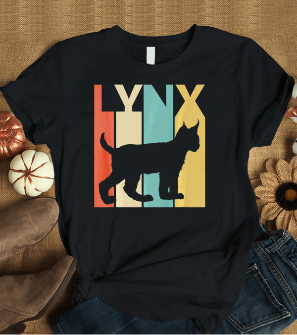 T-Shirt: Vintage Lynx Silhouette with Colorful Vertical Stripes T-Shirt Vintage Lynx Silhouette with Colorful Vertical Stripes T-Shirt