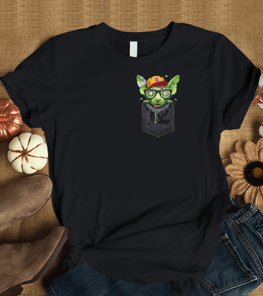 Zombie Sphynx Cat with Glasses and Cap in Pixel Chest Pocket T-Shirt