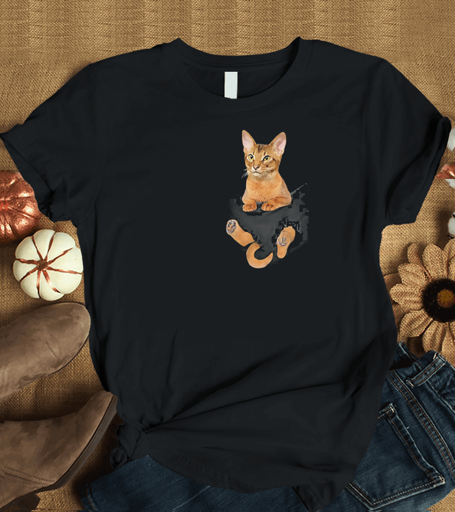 Abyssinian Cat Peeking from Pocket T-Shirt