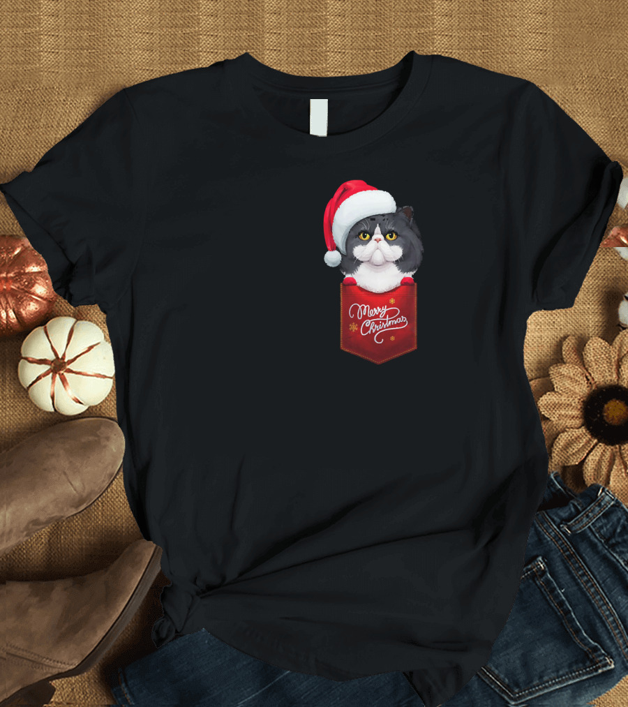Merry Christmas Black and White Persian Cat in Santa Hat Pocket T-Shirt