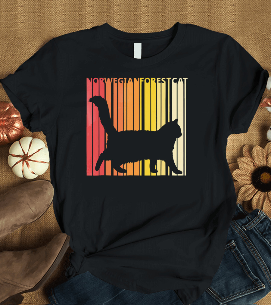 Retro Norwegian Forest Cat Silhouette Vintage Stripes T-Shirt