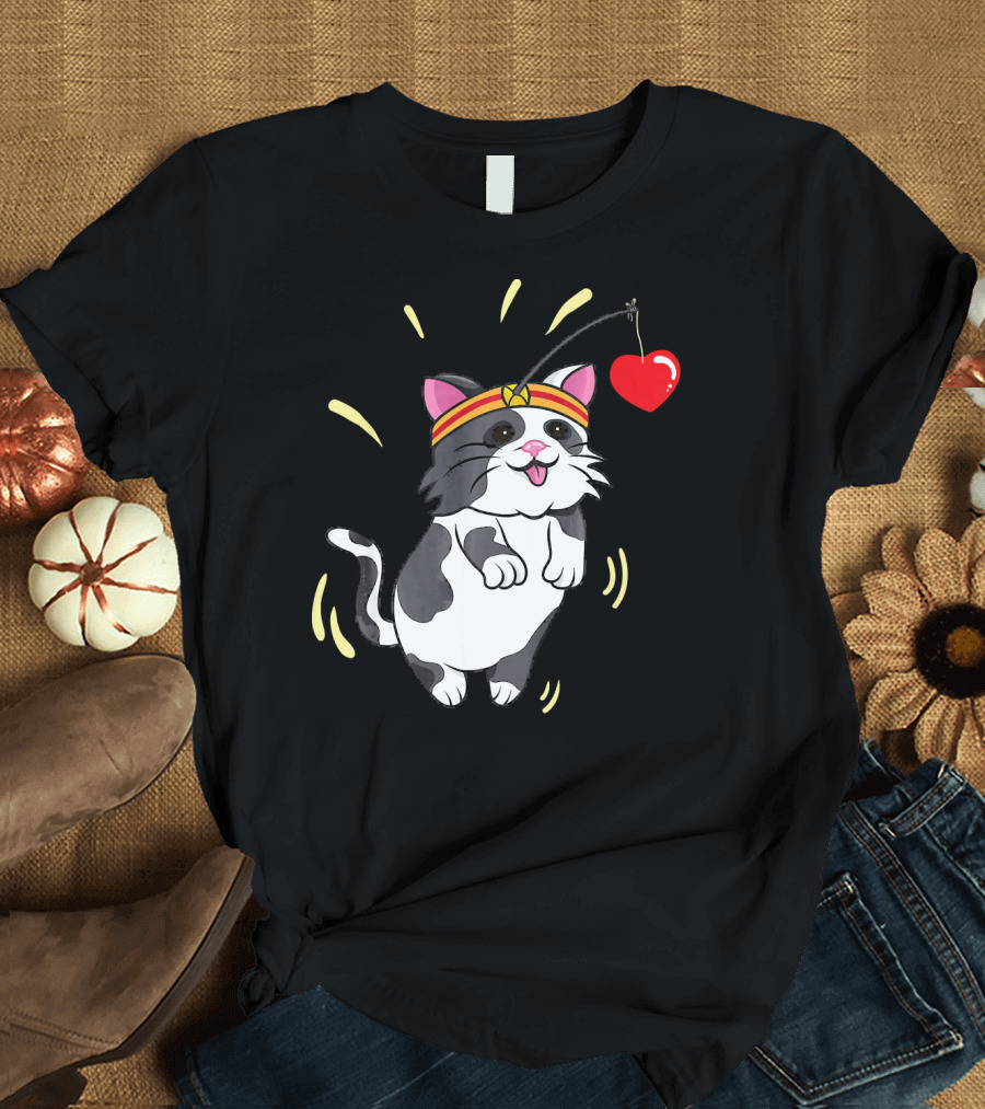 Cat Heart Valentine Love With Jumping Feline T-Shirt