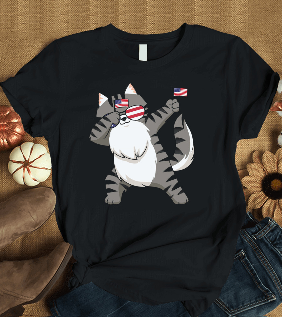 American Pride Maine Coon Dabbing Cat with USA Flags and Sunglasses T-Shirt