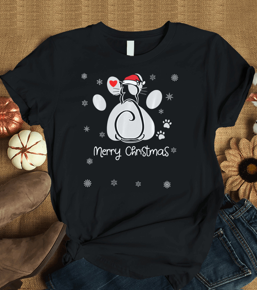 Merry Christmas Cute Santa Cat Kitten in A Paw for Cat T-Shirt