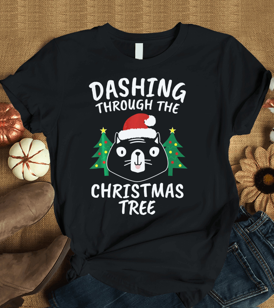 Dashing Through the Christmas Tree Cat Santa Hat T-Shirt