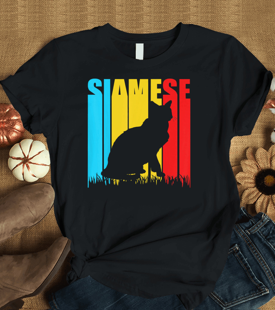 Siamese Cat Silhouette Retro Stripes T-Shirt