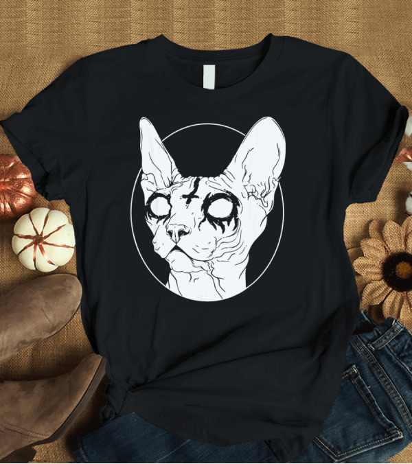 T-Shirt: Sphynx Cat Goth and Death with Dark Eyes and Black Cross T-Shirt Sphynx Cat Goth and Death with Dark Eyes and Black Cross T-Shirt