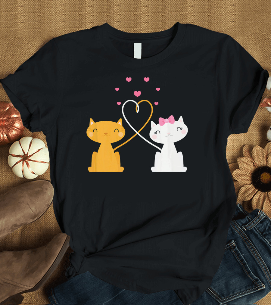 Valentines Day Cat Kitten Couple Heart Whiskers Bow Pink Hearts T-Shirt