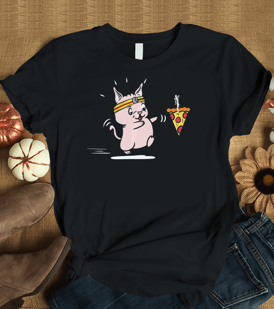 Sphynx Cat Chasing Pizza Slice Enthusiastically Running T-Shirt