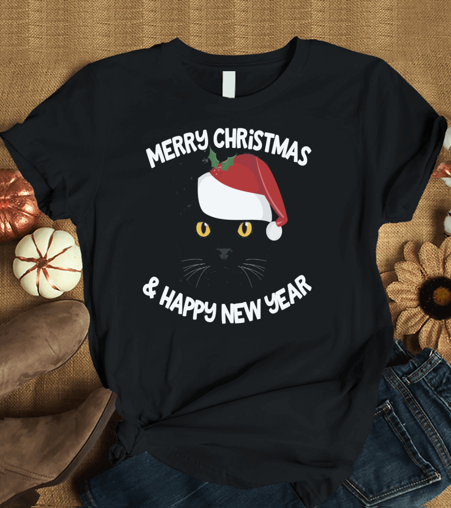 Merry Christmas Chartreux Cat Santa Hat Happy New Year Holiday Mer T-Shirt
