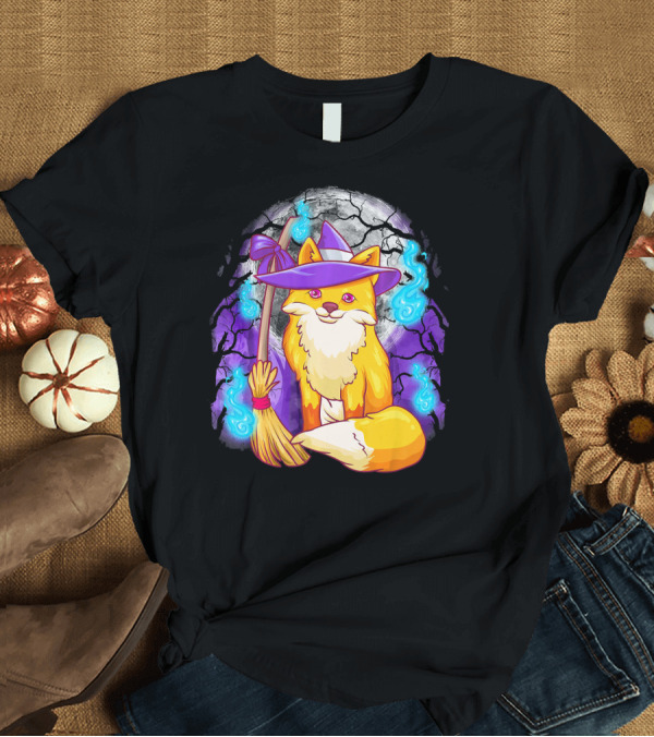 T-Shirt: Cute Fox Witch with Broomstick and Moon Halloween Scene T-Shirt Cute Fox Witch with Broomstick and Moon Halloween Scene T-Shirt