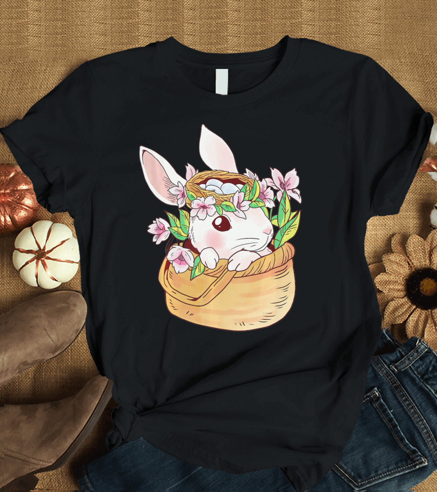 Cute Easter Bunny with Floral Crown in Woven Basket T-Shirt