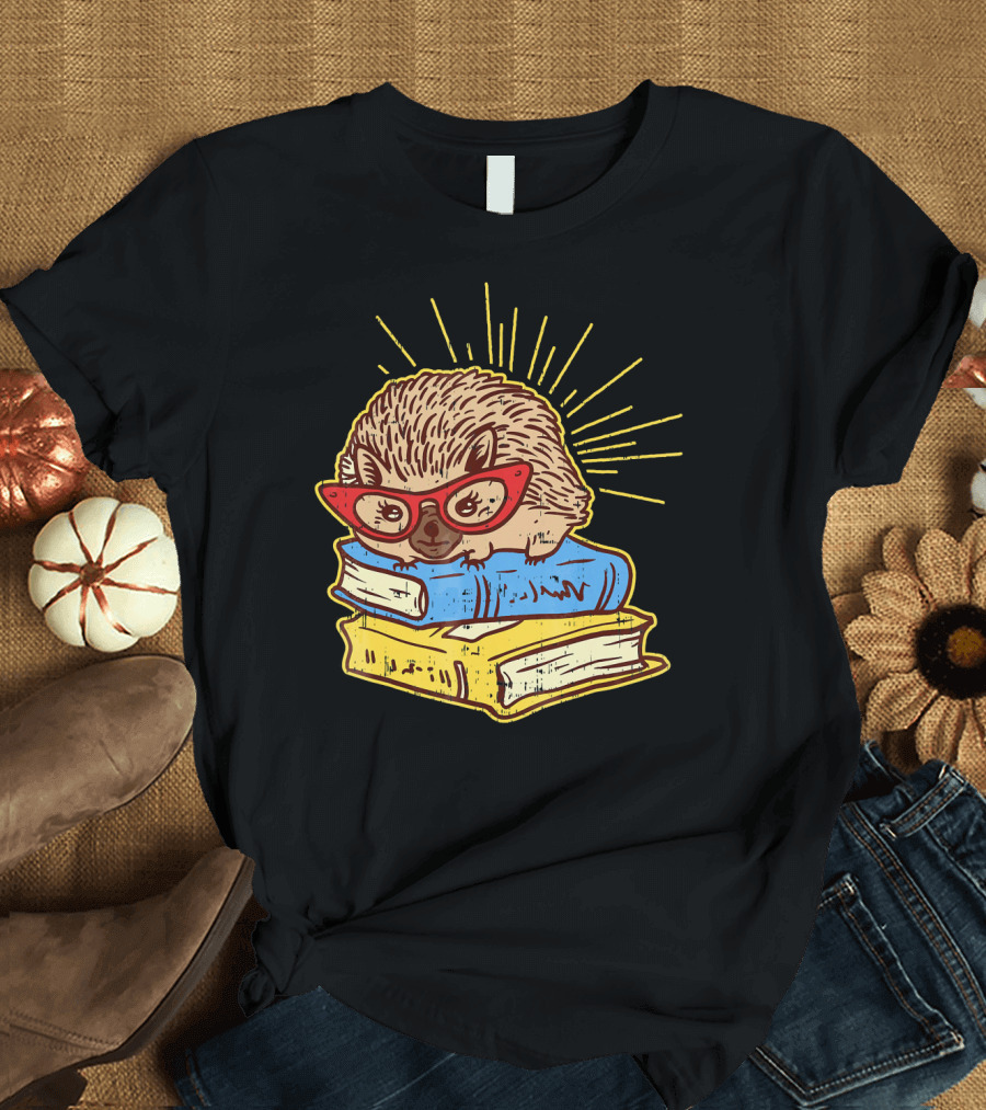 Adorable Hedgehog Book Nerd with Glasses on Stack of Books T-Shirt