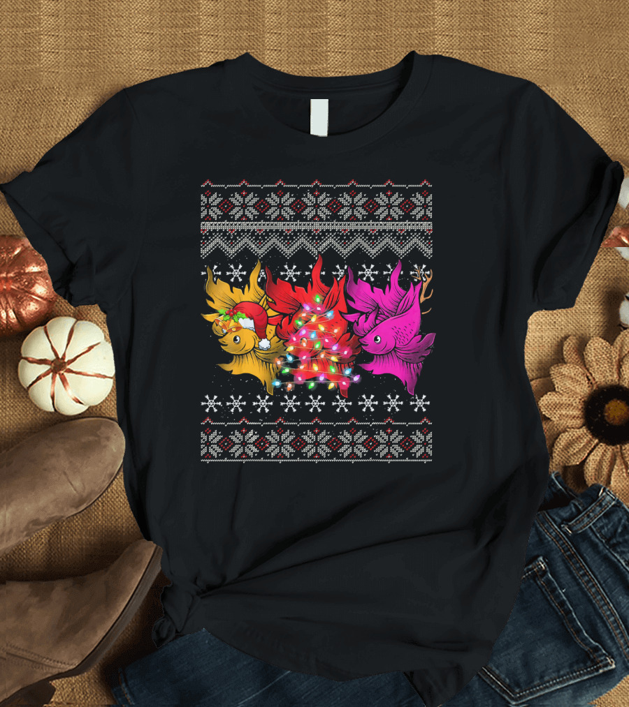 Christmas Betta Fish Trio Festive Love Lights T-Shirt