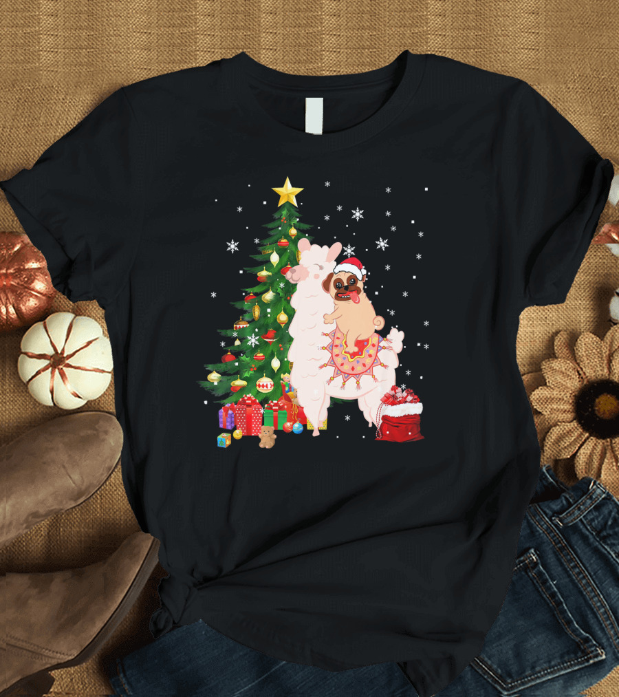 Christmas Tree Pug on Llama with Presents and Snowflakes T-Shirt