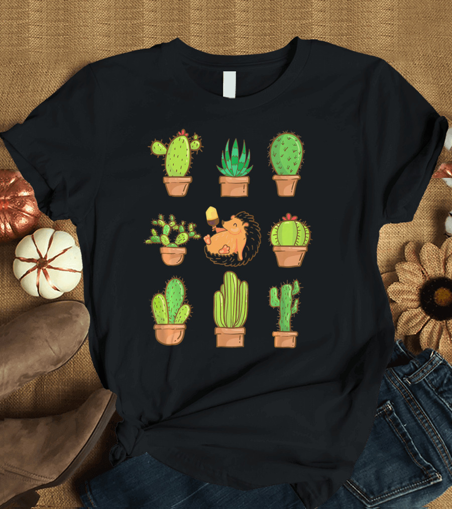 Cactus Collection with Ice Cream Embracing Hedgehog Among Plants T-Shirt