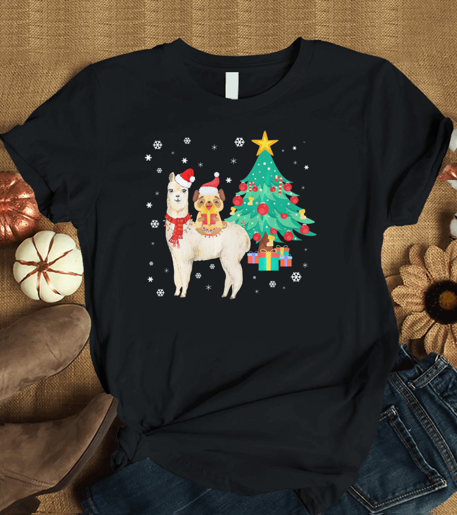 Christmas Pug Llama Dog Merry with Presents Under Tree and Santa Hats T-Shirt