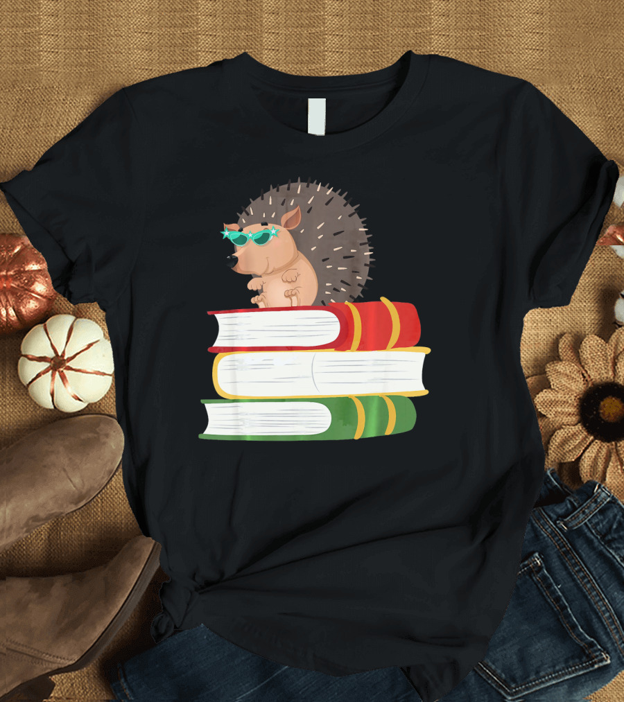 Cute Hedgehog Wearing Sunglasses on Stack of Colorful Books T-Shirt