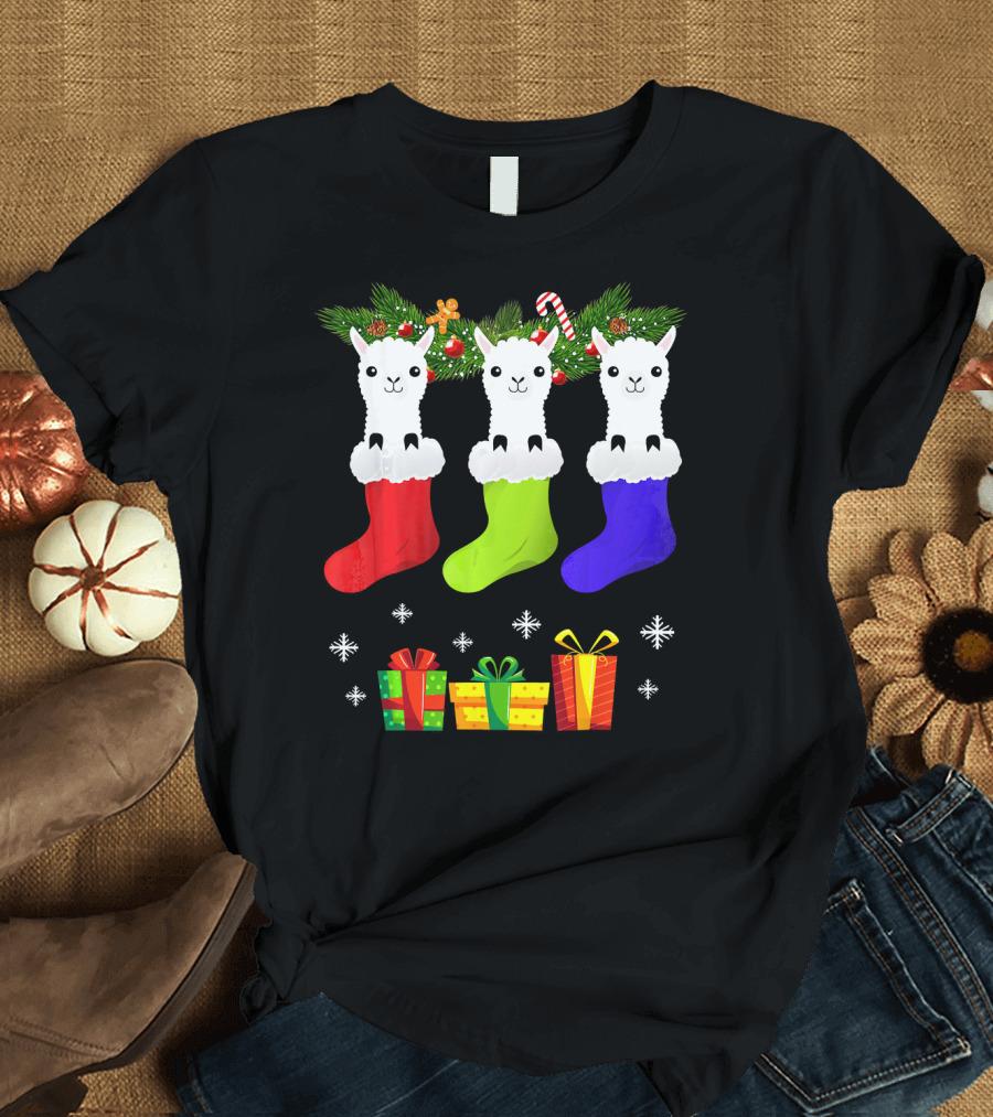 Christmas Sock Llama Santa Hat Holiday Presents Snowflakes T-Shirt