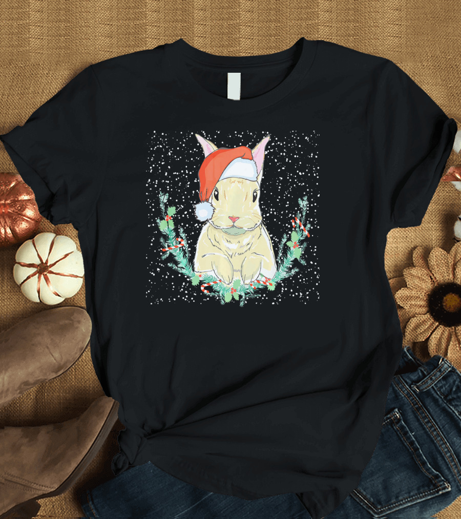 Bunny Rabbit with Santa Hat in Christmas Wreath T-Shirt