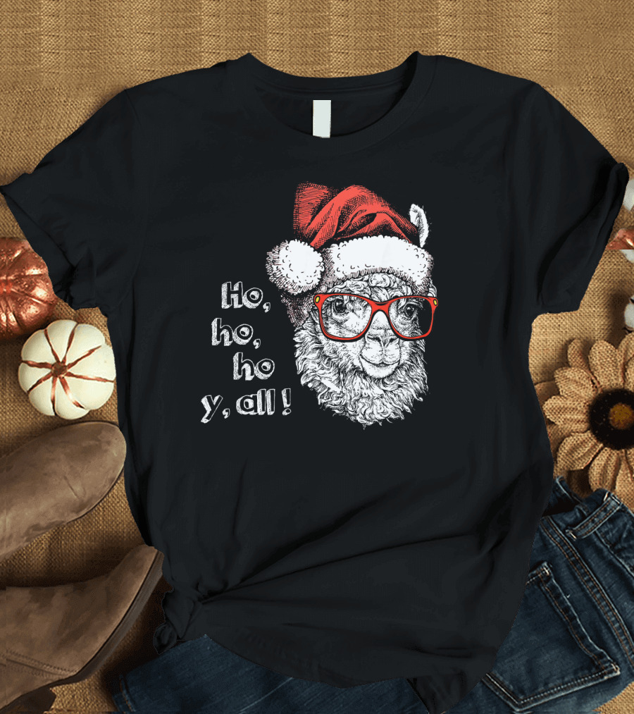 Ho Ho Ho Y'all Santa Llama Christmas Red Glasses T-Shirt