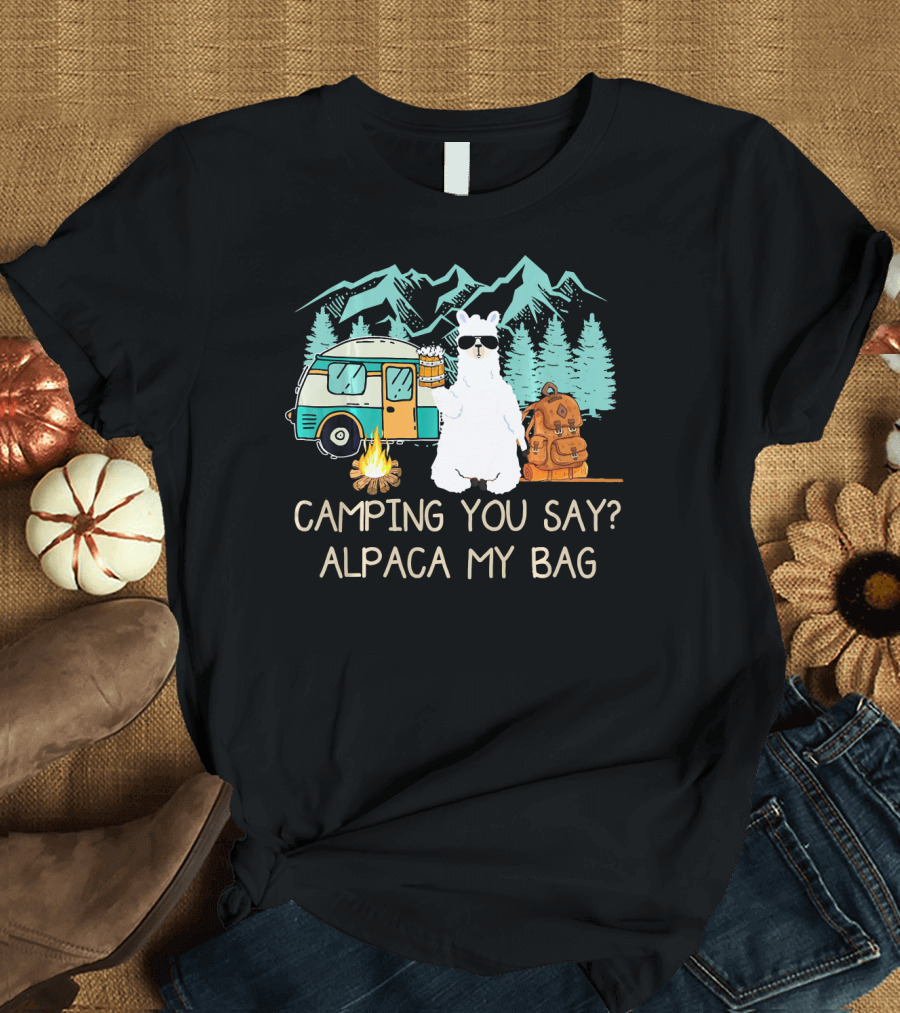 Camping You Say Alpaca My Bag Llama with Campervan and Campfire T-Shirt