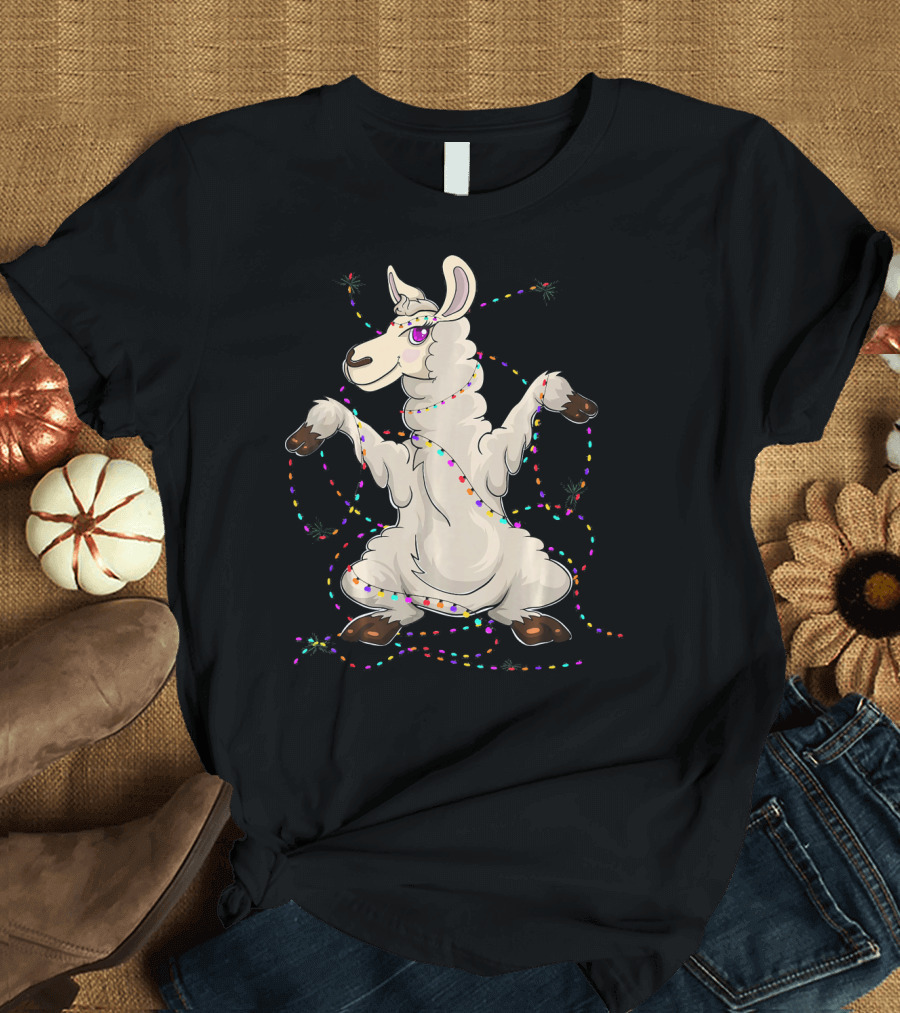 Christmas Tree Alpaca Xmas Animal with Festive Lights T-Shirt