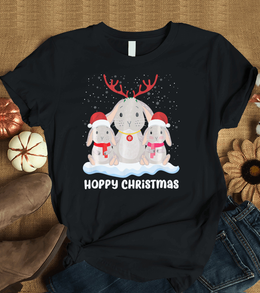 Hoppy Christmas Cute Bunny Family with Santa Hats and Reindeer Antlers T-Shirt
