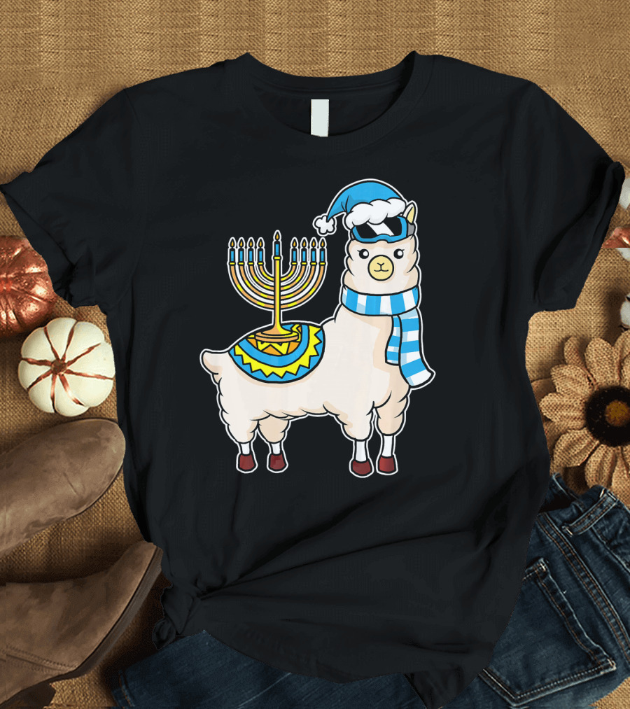 Cute Chanukah Alpaca Happy Hanukkah Llama Menorah Scarf Hat T-Shirt