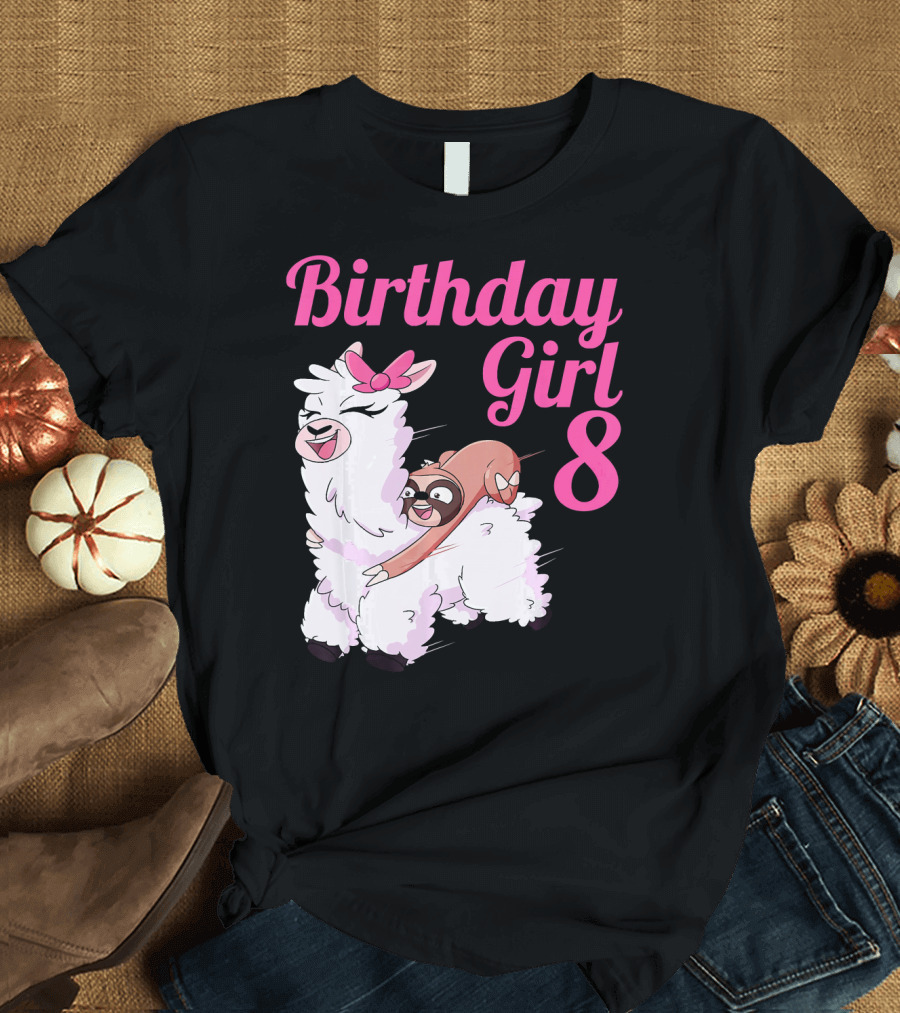 Birthday Girl 8 Year Old Sloth Llama Balloon T-Shirt