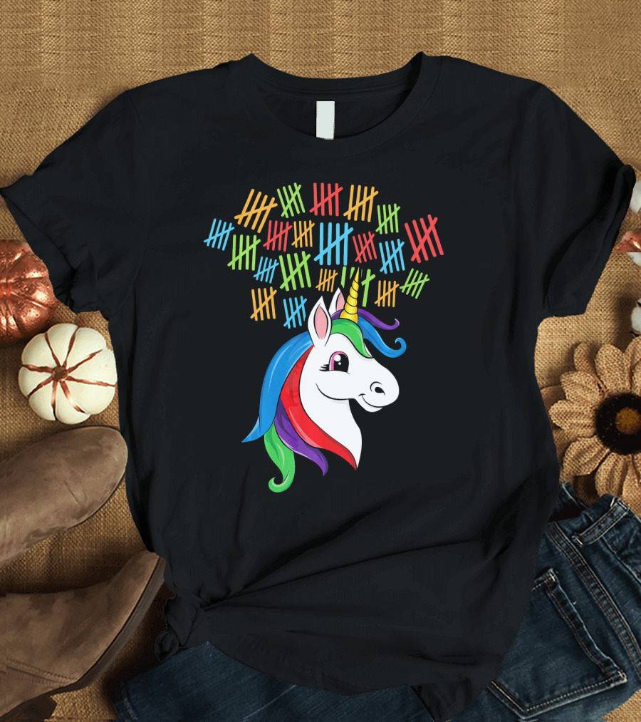 100 Days of School Girl Unicorn Tally Marks T-Shirt
