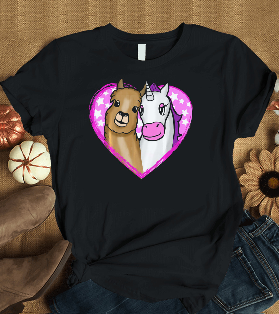 Cute Llama Alpaca and Unicorn in Pink Star Heart T-Shirt
