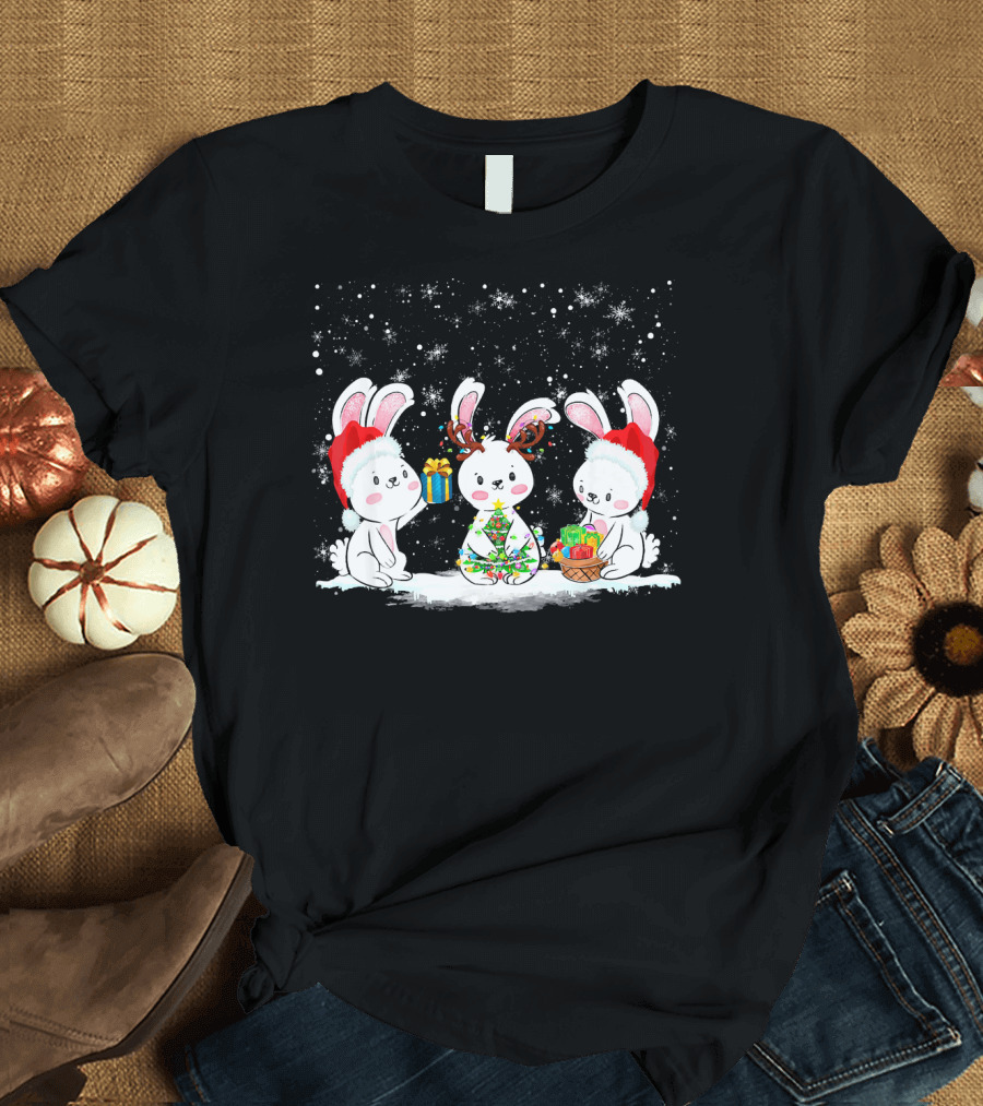 Festive Christmas Bunny Rabbit Trio with Gifts and Santa Hats T-Shirt