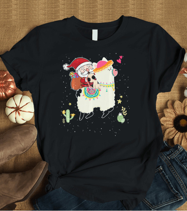 T-Shirt: Cute Santa Riding Colorful Llama Alpaca with Cacti and Stars T-Shirt Cute Santa Riding Colorful Llama Alpaca with Cacti and Stars T-Shirt