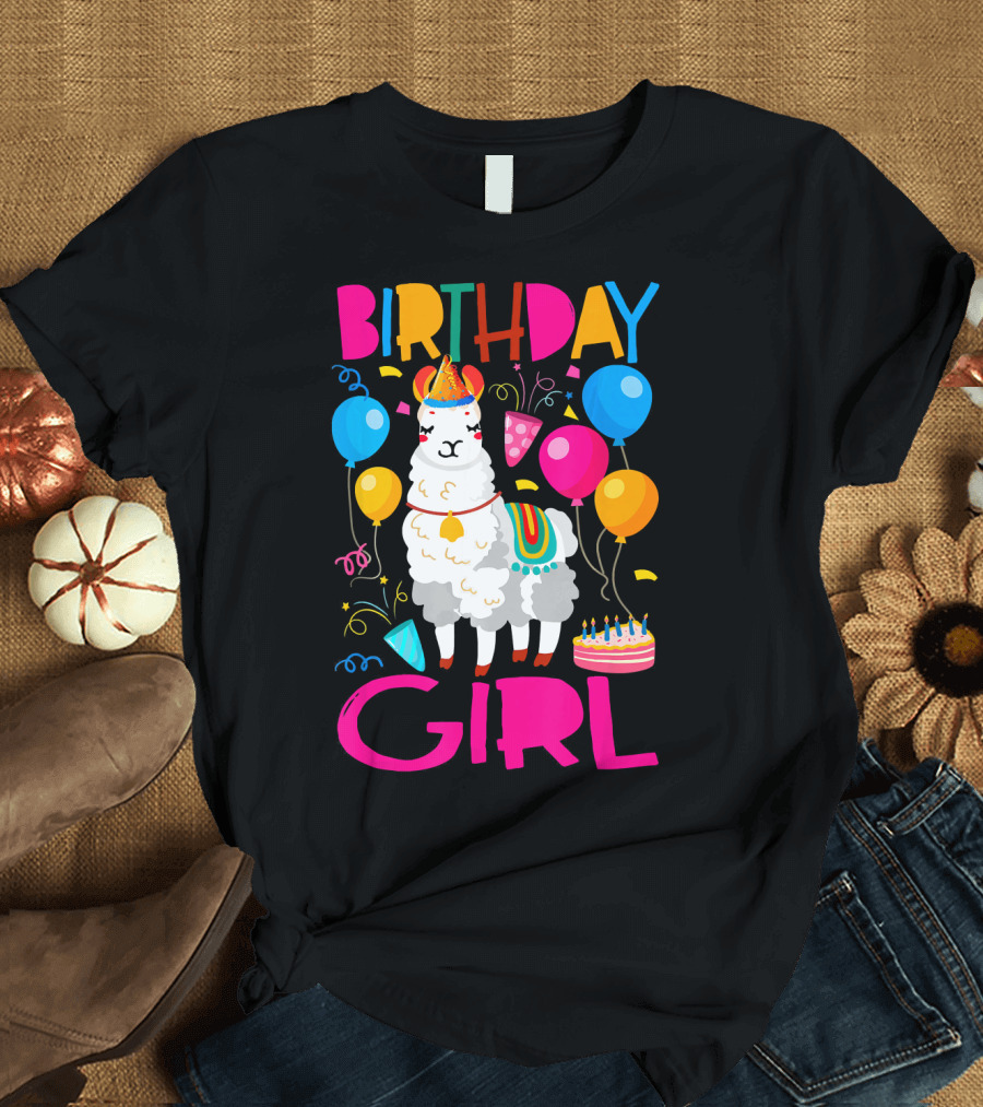 Birthday Girl Funny Llama Alpaca Balloons Cake Party T-Shirt