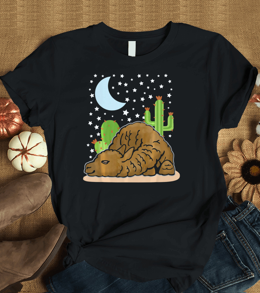 Sleeping Llama Under Moon and Stars with Cacti T-Shirt