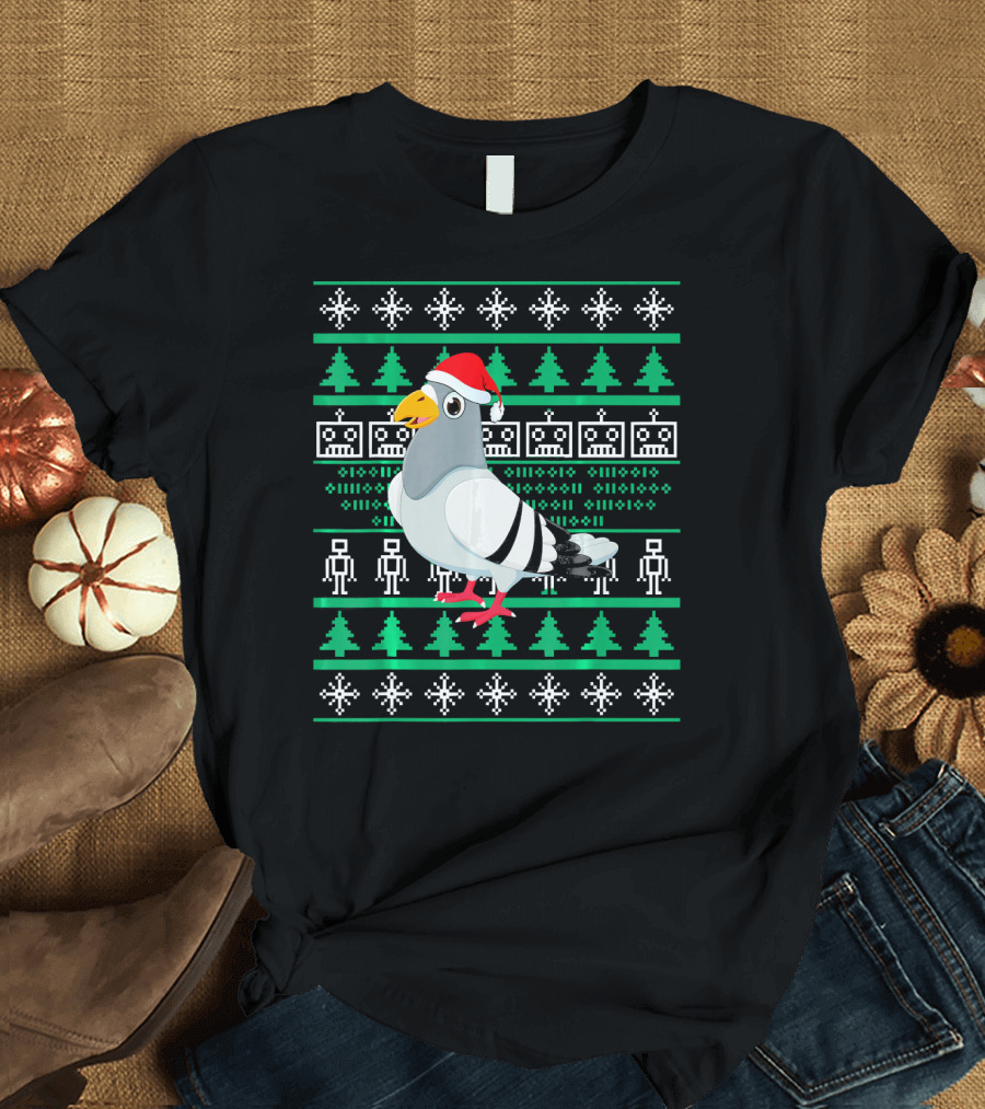 Christmas Pigeon Santa Hat Snowflakes Trees T-Shirt
