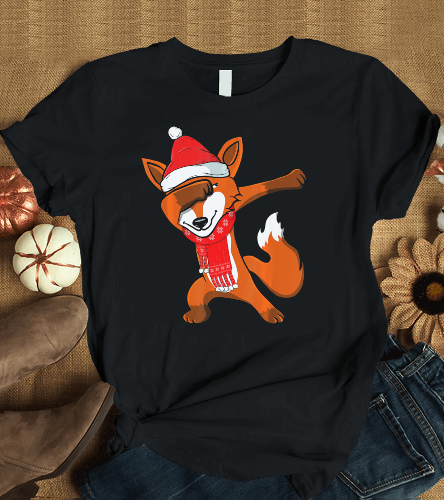 Dabbing Fox Wearing Santa Hat and Scarf Funny Christmas Costume Part T-Shirt